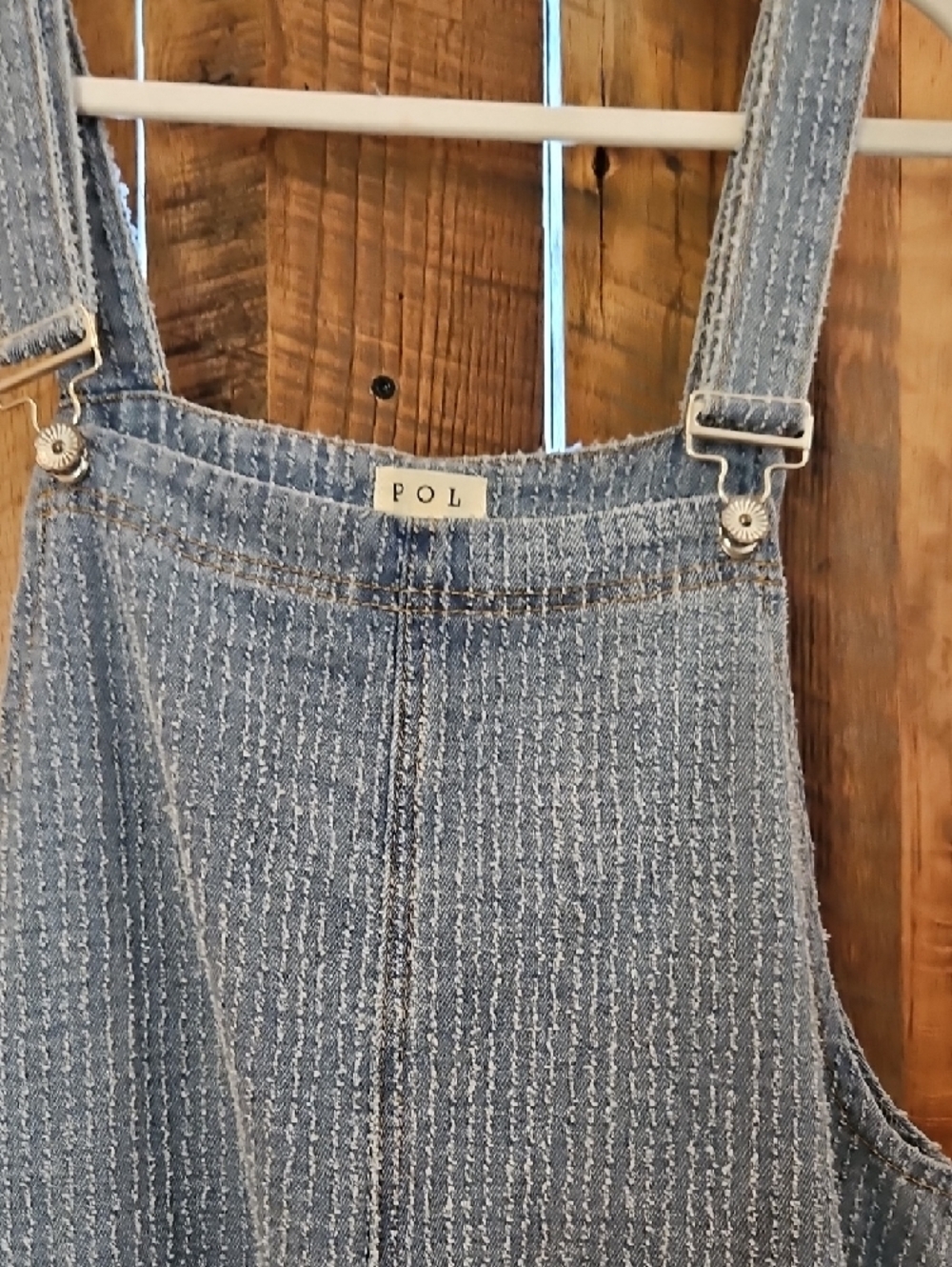 387 POL Denim Ruffled Hem Overalls with Patchwork Trim - Picture 6 of 12